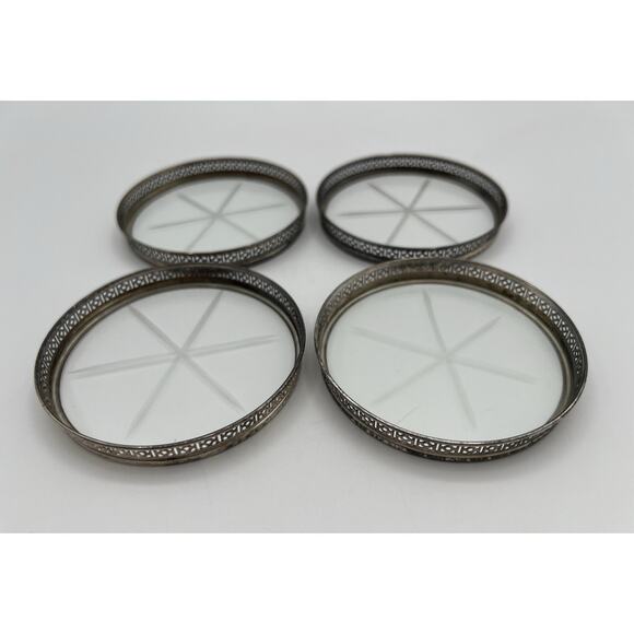 WEBSTER Sterling Silver Etched Glass Coasters Antique Set of 4 Starburst Stack - Picture 1 of 15